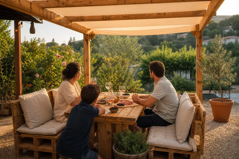 Famille profitant de la pergola en palettes terminée en fin d'après-midi, apéritif sur terrasse