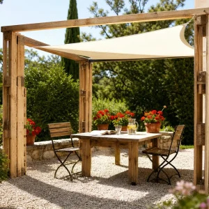 Pergola autoportée en palettes récupérées avec toile d'ombrage crème, ombre dense projetée sur terrasse de jardin