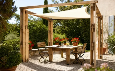 Pergola autoportée en palettes récupérées avec toile d'ombrage crème, ombre dense projetée sur terrasse de jardin