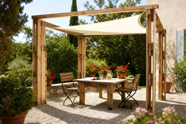 Pergola autoportée en palettes récupérées avec toile d'ombrage crème, ombre dense projetée sur terrasse de jardin