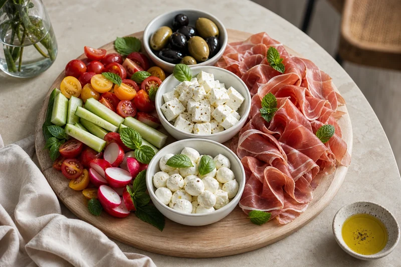 Dressage du plateau apéro par familles d'aliments : crudités, fromages, charcuterie et dips séparés