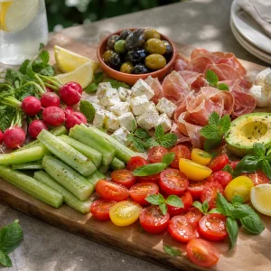 Plateau apéro sans cuisson sur planche en bois : tomates cerises, concombre, radis, feta, mozzarella, jambon cru, olives, citron et herbes fraîches