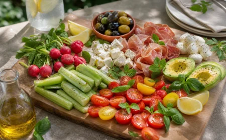 Plateau apéro sans cuisson sur planche en bois : tomates cerises, concombre, radis, feta, mozzarella, jambon cru, olives, citron et herbes fraîches