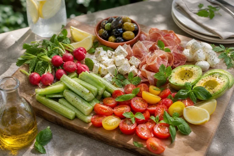 Plateau apéro sans cuisson sur planche en bois : tomates cerises, concombre, radis, feta, mozzarella, jambon cru, olives, citron et herbes fraîches