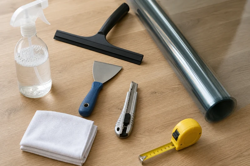 Matériel complet pour poser un film anti-chaleur : pulvérisateur, raclette, grattoir, cutter, rouleau de film