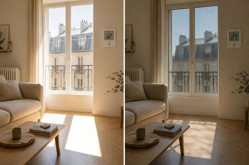 Comparaison avant/après pose d'un film anti-chaleur : 5 °C d'écart dans la même pièce