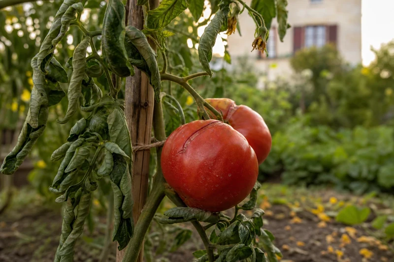 Plant de tomate stressé par la canicule : feuilles enroulées et fruits éclatés