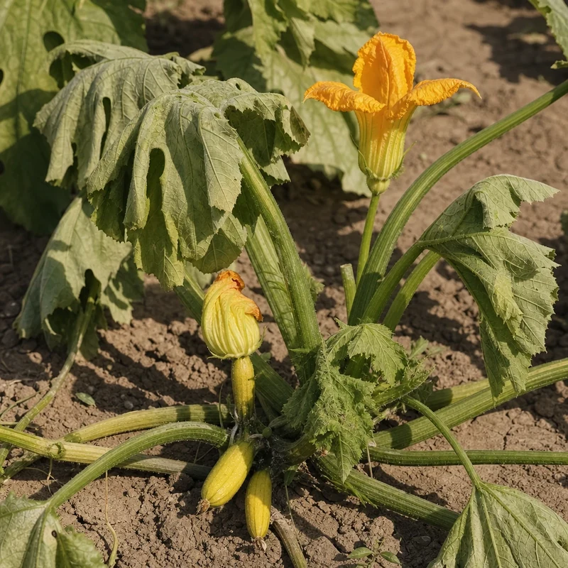 Pied de courgette en stress thermique avec jeunes fruits avortés jaunis