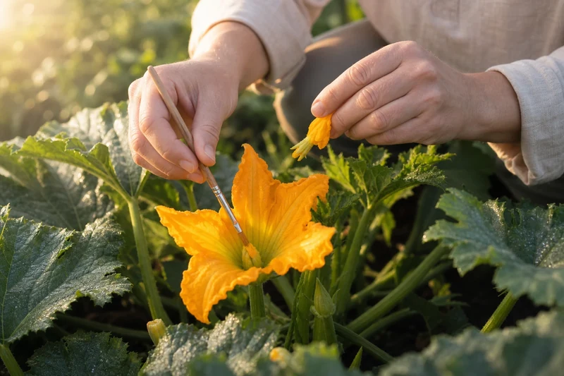 Pollinisation manuelle d'une fleur de courgette au pinceau le matin