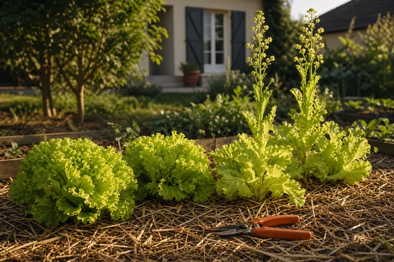Salades laitues en montaison à côté de plants encore récoltables