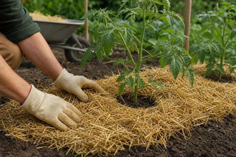 Pose d'un paillage de paille épais au pied des tomates pendant l'été