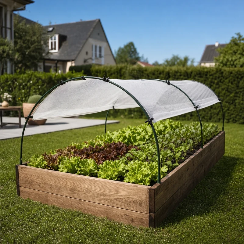 Voile d'ombrage tendu sur un carré potager pour protéger les salades