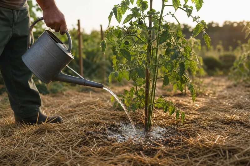 Arrosage profond au pied des tomates tôt le matin pendant la canicule