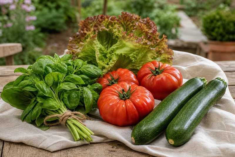 Récolte estivale réussie malgré la canicule : tomates, courgettes, basilic et salade