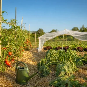 Potager familial français en pleine canicule avec tomates, courgettes et salades protégées par paillage et voile d'ombrage