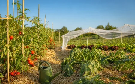 Potager familial français en pleine canicule avec tomates, courgettes et salades protégées par paillage et voile d'ombrage