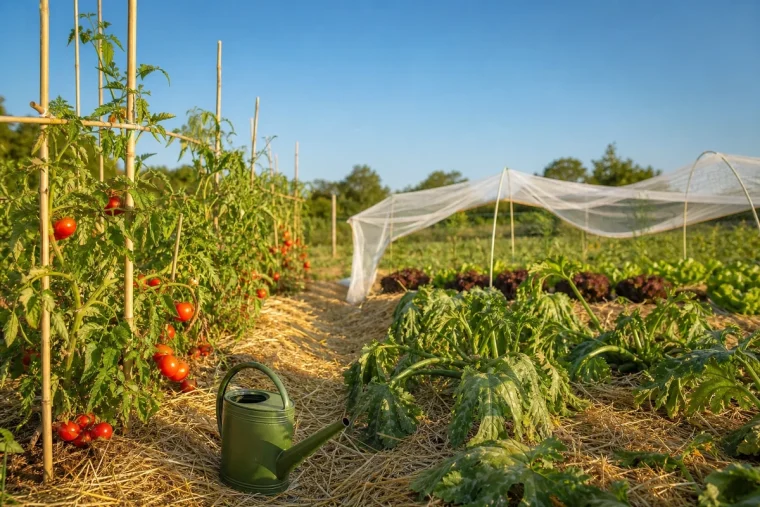 Potager familial français en pleine canicule avec tomates, courgettes et salades protégées par paillage et voile d'ombrage