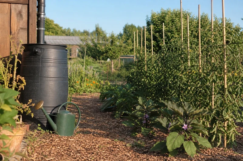 Potager français en juin avec tomates San Marzano, aubergines et poivrons paillés