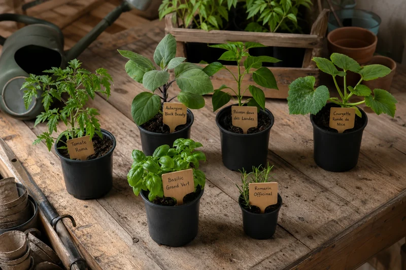 Plants en godets prêts à planter : tomate Roma, aubergine Black Beauty, poivron, courgette, basilic et romarin