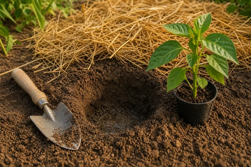 Trou de plantation pré-arrosé pour assurer la reprise d'un jeune plant de poivron en juin