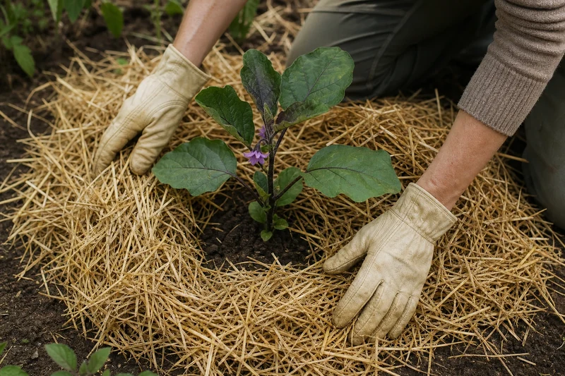 Mise en place d'un paillage de paille de 8 cm autour d'un jeune plant d'aubergine