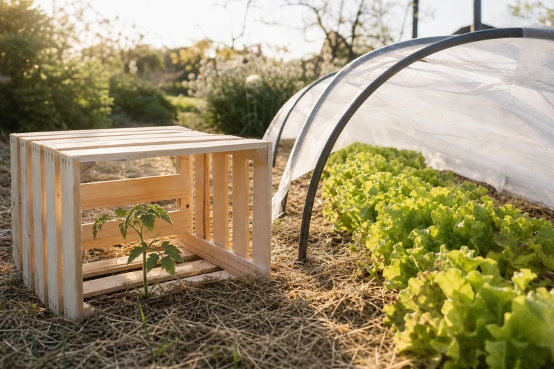 Ombrage temporaire d'un jeune plant après plantation par cagette retournée et voile blanc