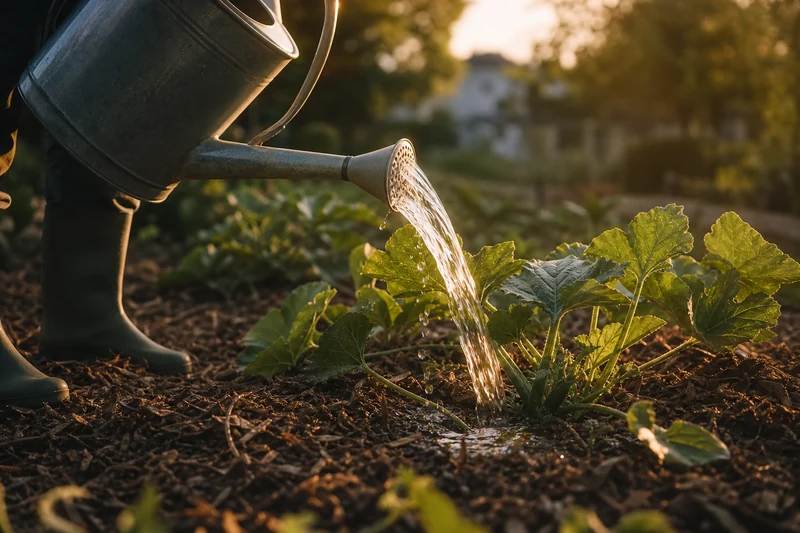 Arrosage du soir au pied d'une courgette pour créer un bulbe d'humidité en profondeur