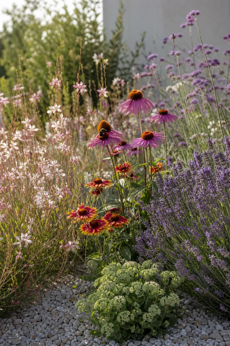 Massif de fleurs résistantes à la canicule : gaura, échinacée, gaillarde et lavande