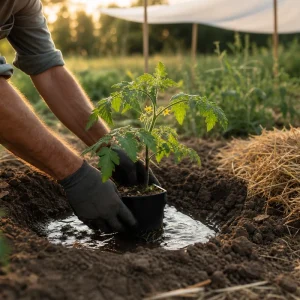 Plantation d'un pied de tomate ancienne en juin avec paillage de paille et voile d'ombrage par temps de canicule