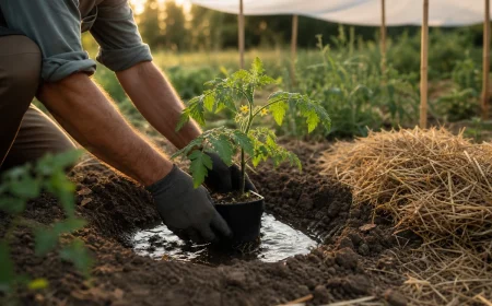 Plantation d'un pied de tomate ancienne en juin avec paillage de paille et voile d'ombrage par temps de canicule