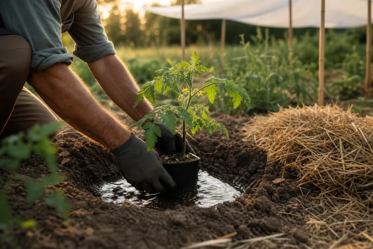 Plantation d'un pied de tomate ancienne en juin avec paillage de paille et voile d'ombrage par temps de canicule