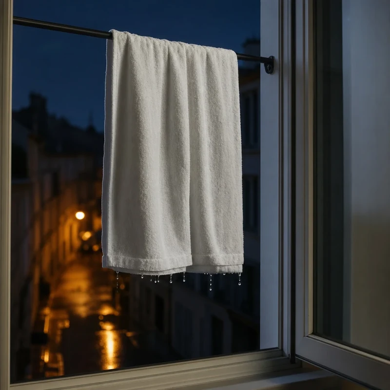 Serviette humide suspendue devant une fenêtre ouverte la nuit pour rafraîchir l'air entrant