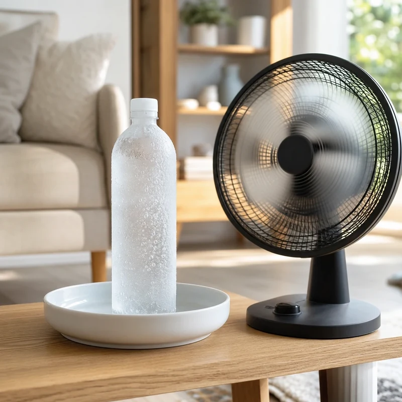 Bouteille d'eau congelée placée devant un ventilateur portatif pour souffler de l'air frais