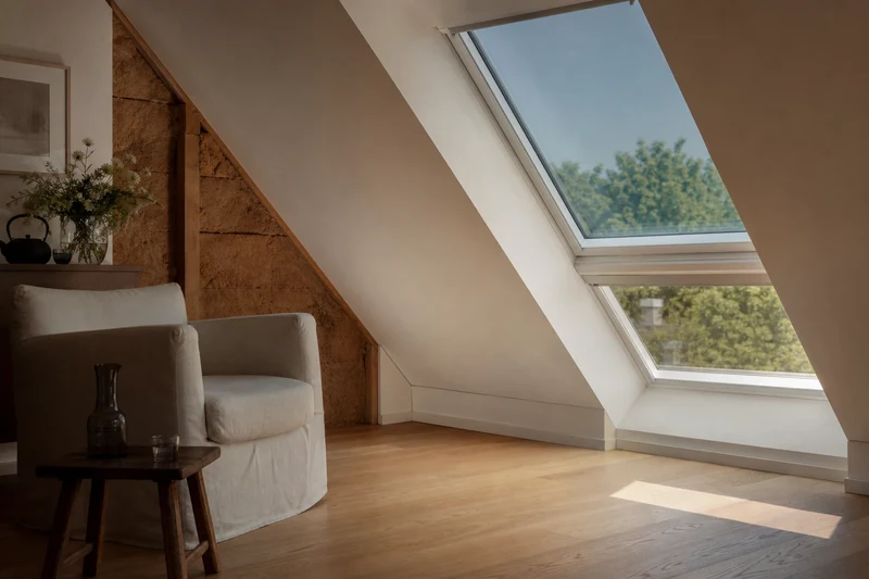 Fenêtre de toit avec film solaire et isolation en laine de bois sous les combles