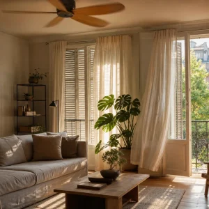 Salon avec volets battants fermés et ventilateur de plafond pour rafraîchir une pièce sans climatisation