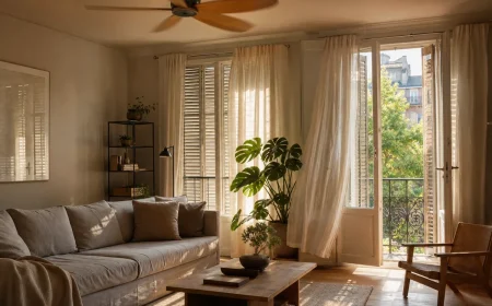 Salon avec volets battants fermés et ventilateur de plafond pour rafraîchir une pièce sans climatisation