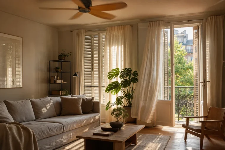Salon avec volets battants fermés et ventilateur de plafond pour rafraîchir une pièce sans climatisation