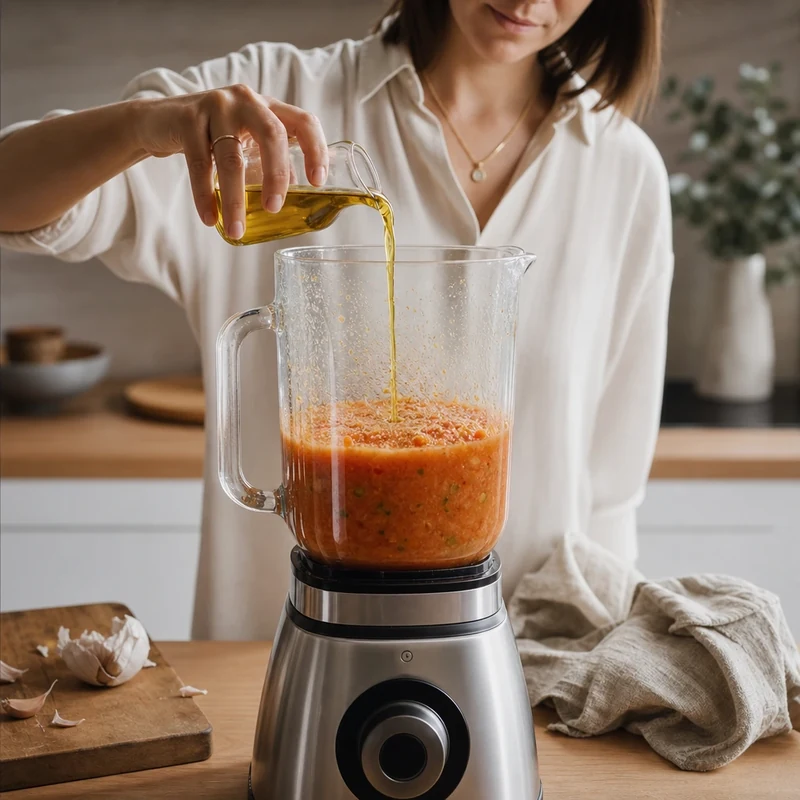 Étape d'émulsion à l'huile d'olive pour un gaspacho velouté