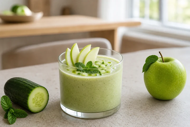 Gaspacho vert concombre-pomme servi en verre pour un apéritif chic
