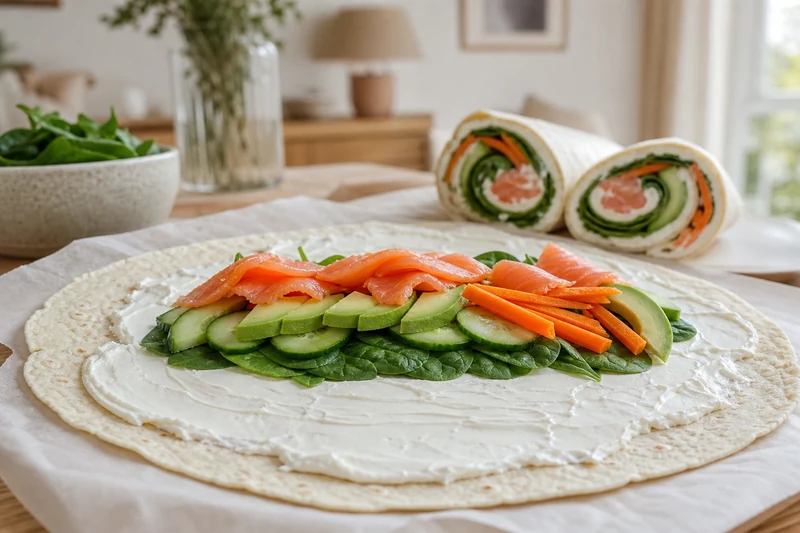 Wrap froid au fromage frais et crudités prêt en 7 minutes