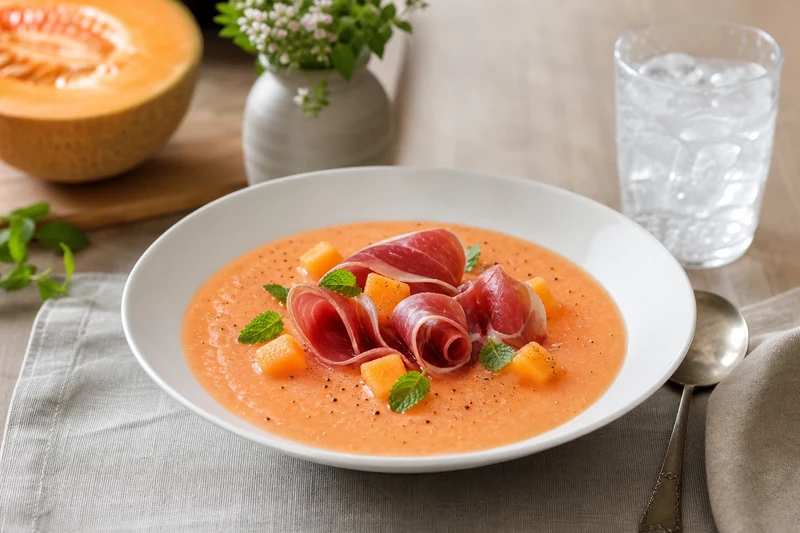 Soupe froide de melon au jambon cru pour entrée estivale chic