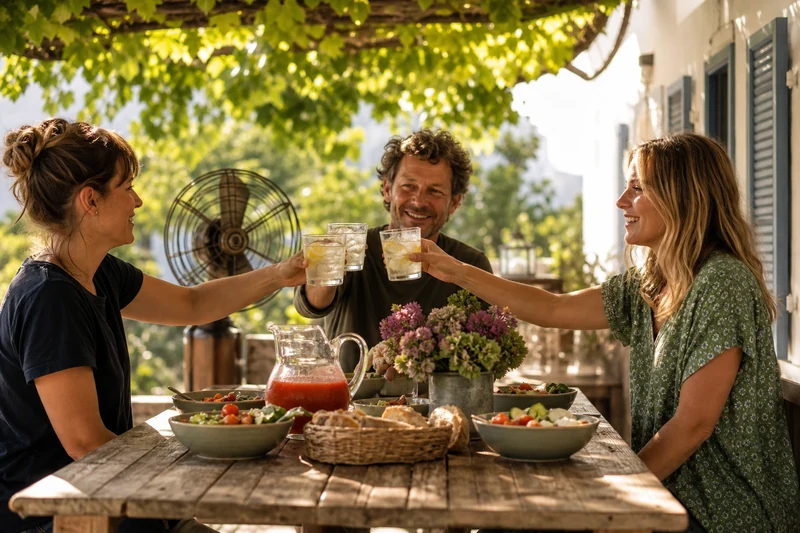 Repas convivial sans cuisson sur une terrasse ombragée en pleine canicule