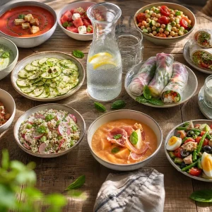 Table d'été avec douze recettes froides sans cuisson disposées en cercle pour une cuisine anti-canicule