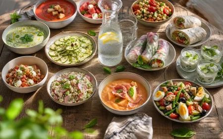 Table d'été avec douze recettes froides sans cuisson disposées en cercle pour une cuisine anti-canicule