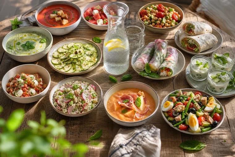 Table d'été avec douze recettes froides sans cuisson disposées en cercle pour une cuisine anti-canicule
