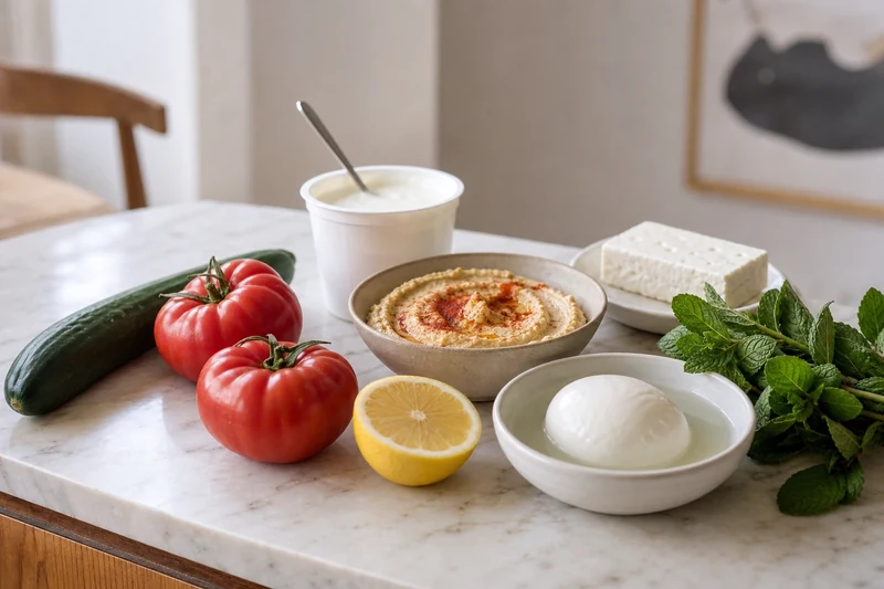 Ingrédients essentiels du frigo en été : concombre, tomates, citron, yaourt, houmous, feta, menthe