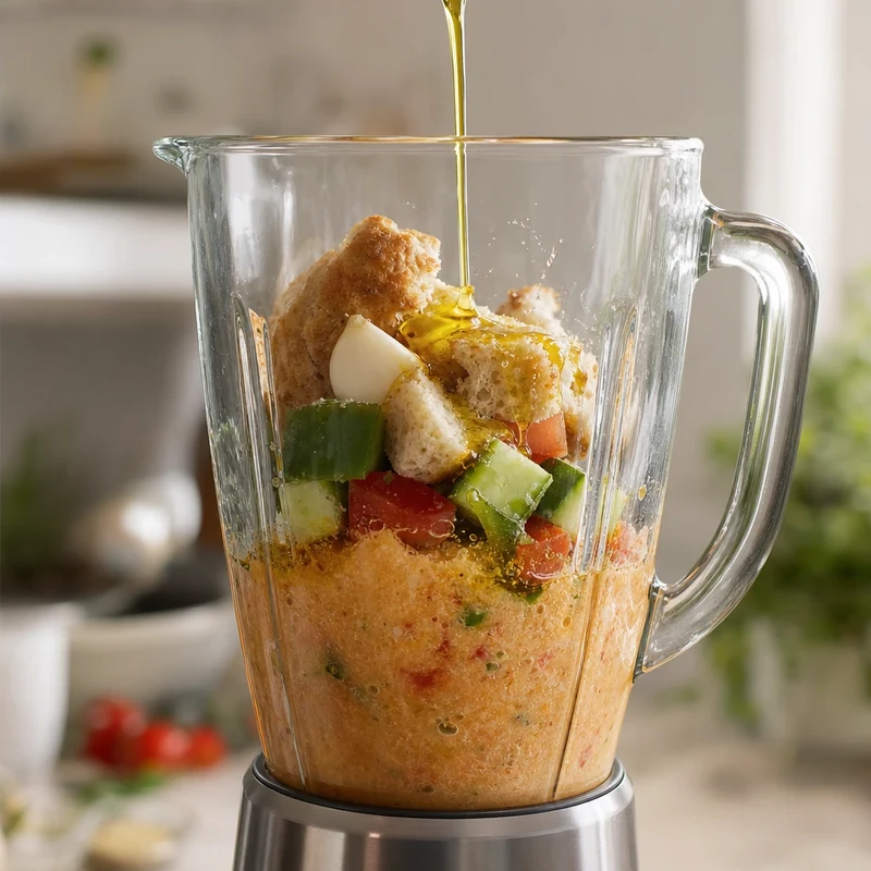 Préparation du gaspacho andalou : tomates, concombre et poivron en cours de mixage au blender