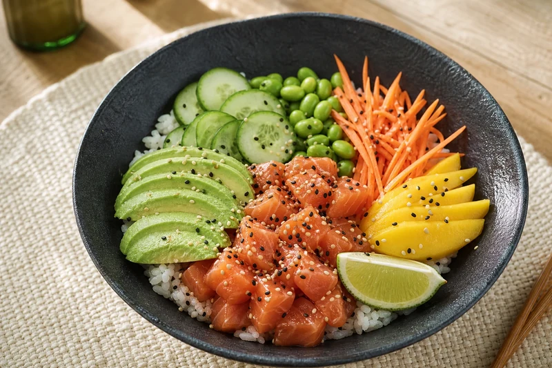 Bowl façon poke avec riz, saumon, avocat, concombre, edamames et mangue, prêt à déguster