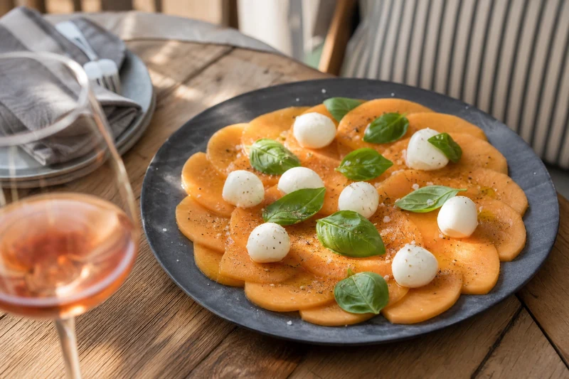 Carpaccio de melon et mozzarella au basilic frais et huile d'olive
