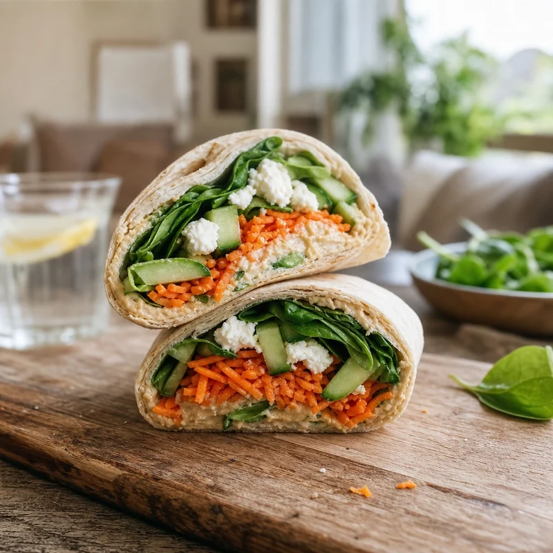 Wrap froid houmous-crudités coupé en deux montrant la garniture colorée